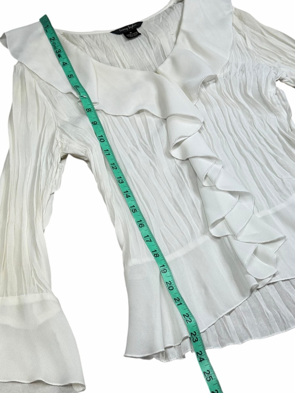 Sunny Taylor Cream Waterfall Ruffle Crinkle Long Sleeve Button Front Blouse - M - Picture 11 of 15